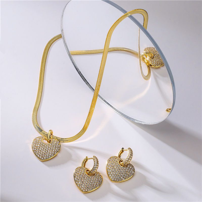 14g Weight Zircon Inlay Material Jewelry Set Classification 1 Piece 1 Pair Simple Style Heart Shape Copper Inlay Zircon Women's Jewelry Set