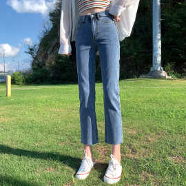 加工定制牛仔裤女热销新款时尚弹力水洗高腰修身百搭九分直筒裤