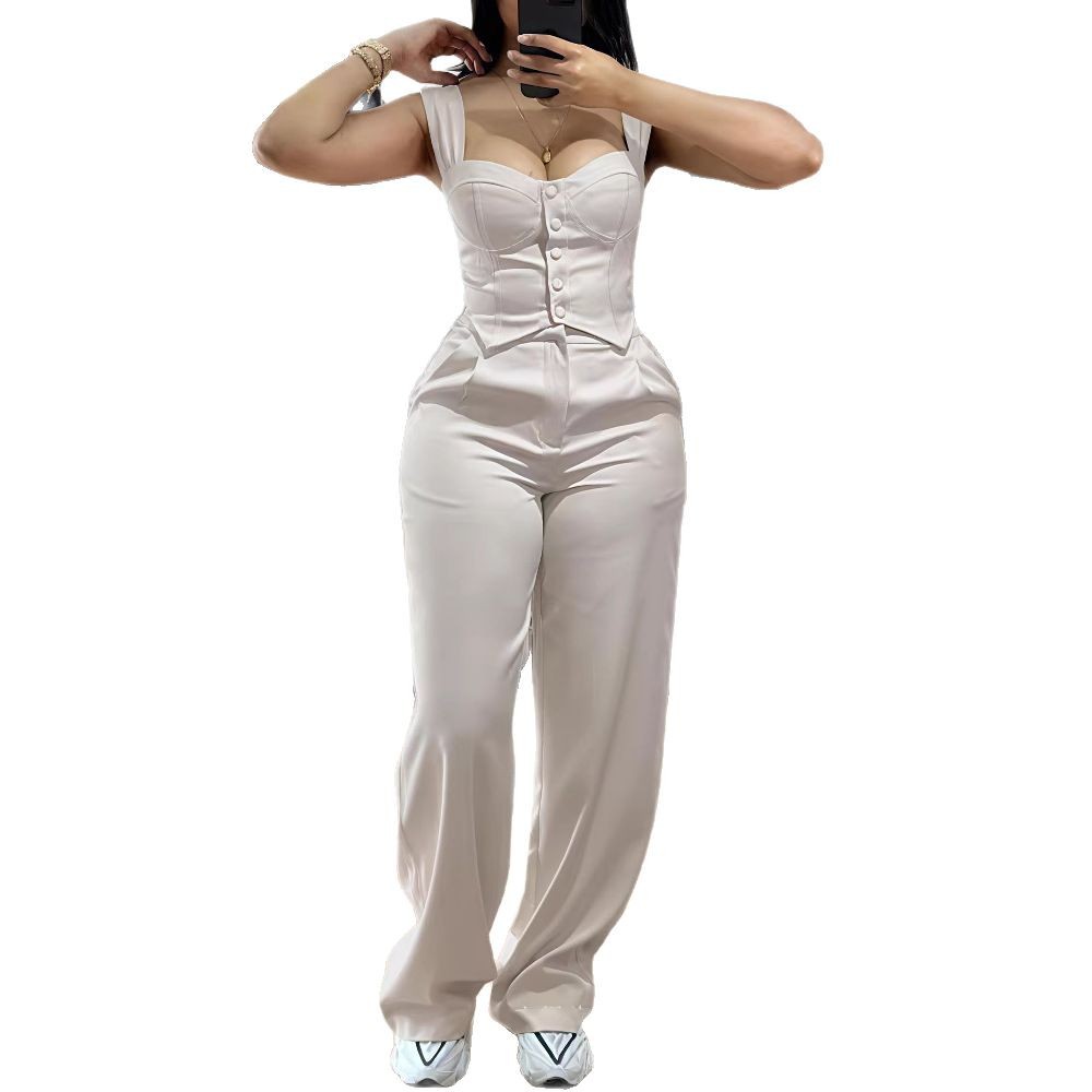 Nuovo completo da donna color albicocca composto da canotta e pantaloni a gamba larga a vita alta, outfit casual e aderente per l'autunno._voghion.com