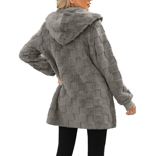 Women's 2024 New Winter Knit Plaid Embroidered Hooded Pockets Plush Cardigan Jacket for Cross-Border Amazon in Europe and America
