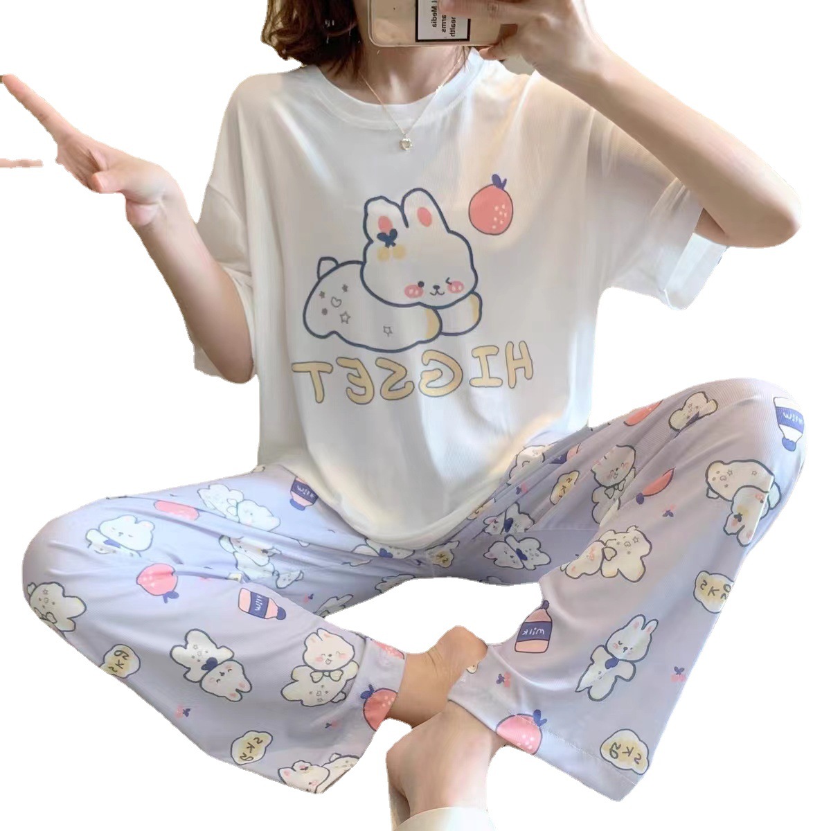 En línea rojo pijamas para las mujeres ins verano nuevos pantalones de manga corta de dibujos animados lindo estudiante estilo coreano desgaste del hogar traje desgaste exterior