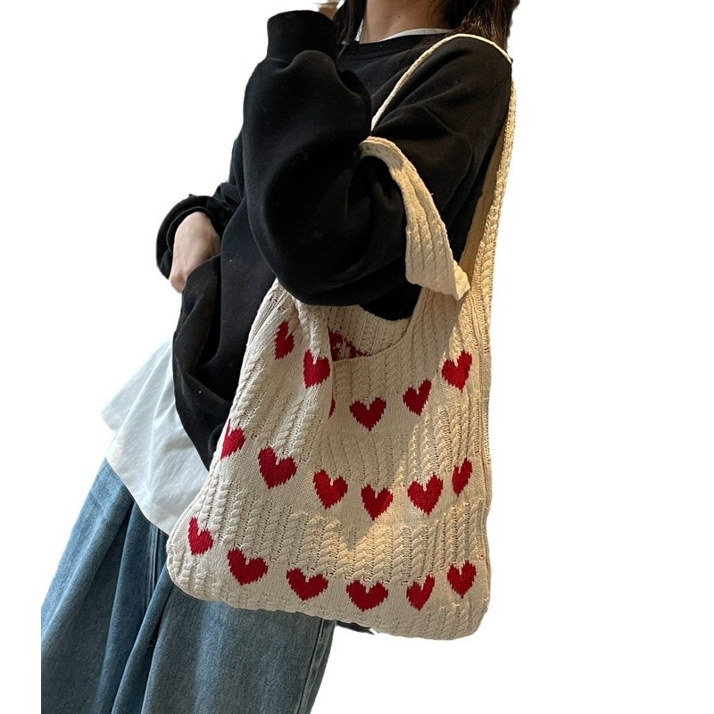 New Cross-Border Knitted Woven Heart-Shaped Women's High-End Exquisite Yarn Handbag Shoulder Shopping Bag_voghion.com