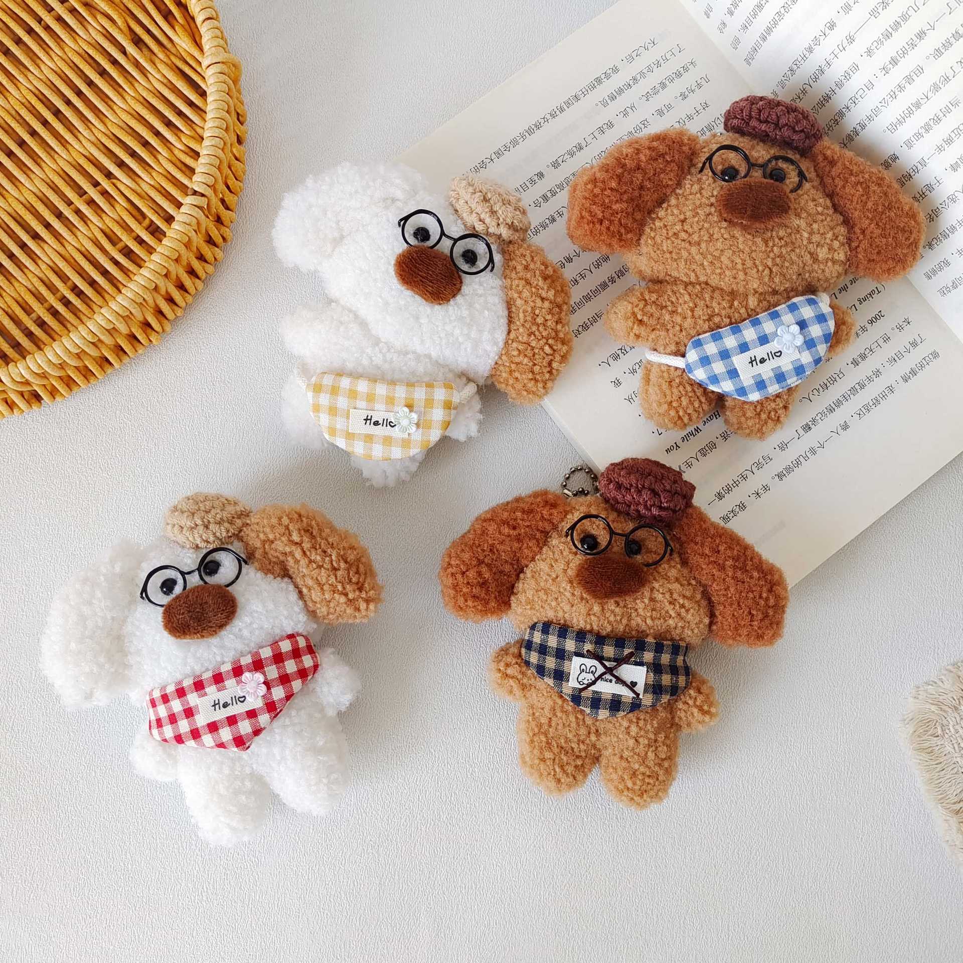2026 New Cute Glasses-Wearing Dog Doll Cartoon Plush Pendant Handmade Cotton-Filled Student Backpack Accessory