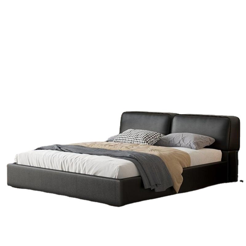 Cama de cuero de vaca negra grande minimalista de estilo italiano, primera capa de piel de vaca de lujo ligero, dormitorio principal, bloque de tofu moderno simple, cama doble de madera maciza