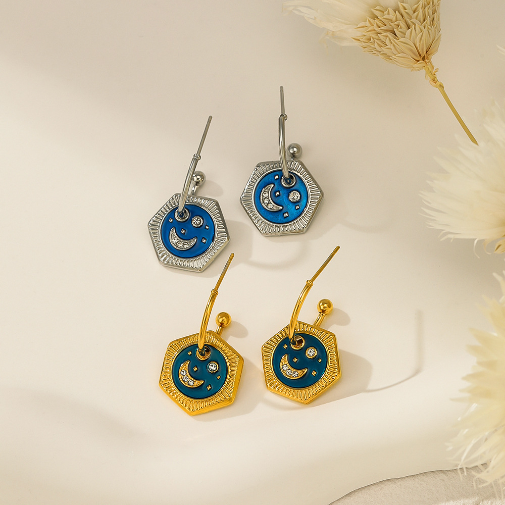 歐美時尚流行滿天星星月亮耳環女氣質百搭鑲鑽不鏽鋼藍色滴油耳飾
