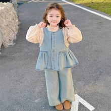 女童洋气花边牛仔套装春秋季2025新款时髦中小童三件套儿童春装潮