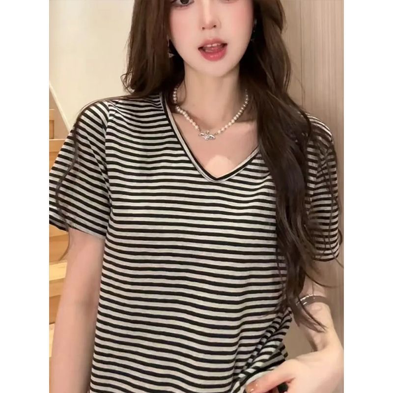 Verano U-collar rayas camiseta de manga corta coreana mujer casual 2026 nuevo perezoso suelto delgado chic top image 4