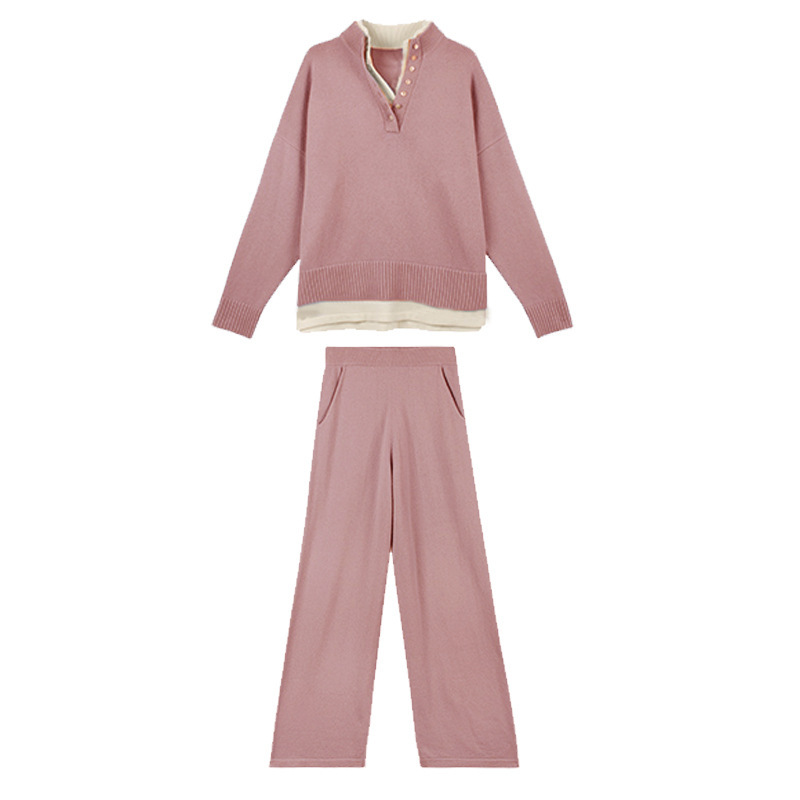 Damenbekleidung High-End-Mode im französischen Stil, lässiger Strickanzug für Damen, Herbst und Winter, lockerer zweiteiliger Hosenanzug mit weitem Bein, zweiteiliger Pullover-Trend_voghion.com