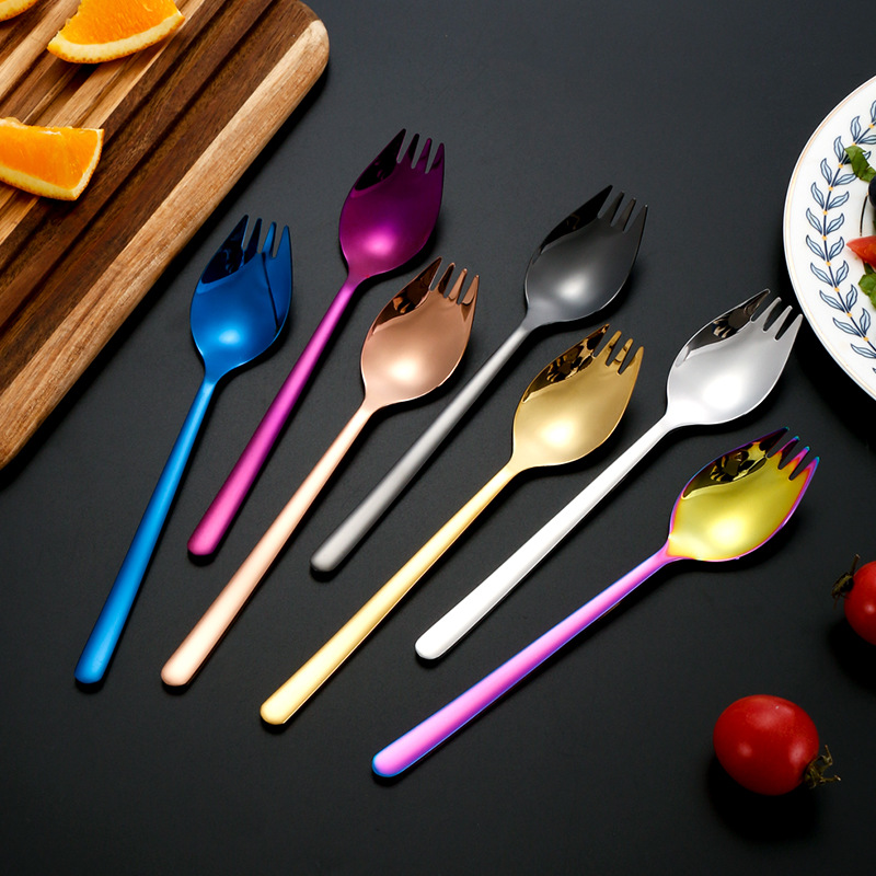 Juego de cuchara y tenedor de acero inoxidable 304, tenedor para pasta, tenedor para fideos instantáneos, cuchara para fideos, cuchara para sopa de mango largo, tenedor y cuchara para postres y repostería