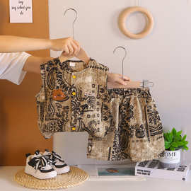 外贸童装批发夏季男童潮流时尚两件套儿童套装宝宝薄款短袖短裤潮