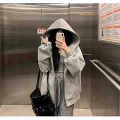 灰色连帽开衫卫衣女拉链休闲宽松oversize慵懒风外套秋冬季