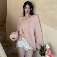 慵懒风V领水貂绒套头毛衣中长款女秋冬新款高级宽松针织打底上衣