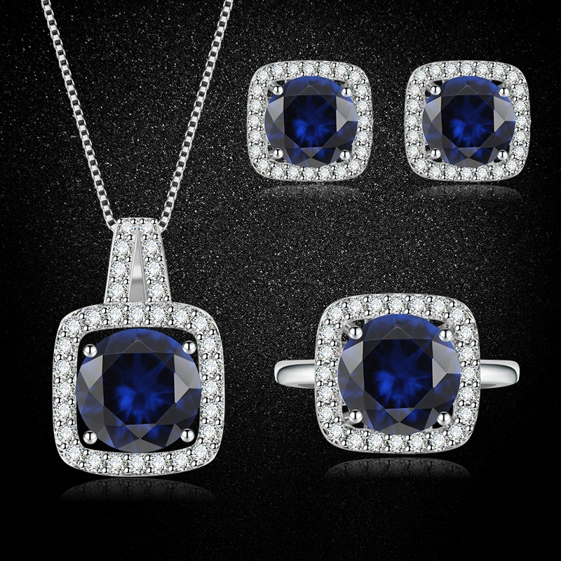 Retro sapphire square pendant, earrings, ring, stone inlay, jewelry, European style