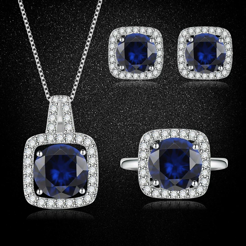 Retro sapphire square pendant, earrings, ring, stone inlay, jewelry, European style