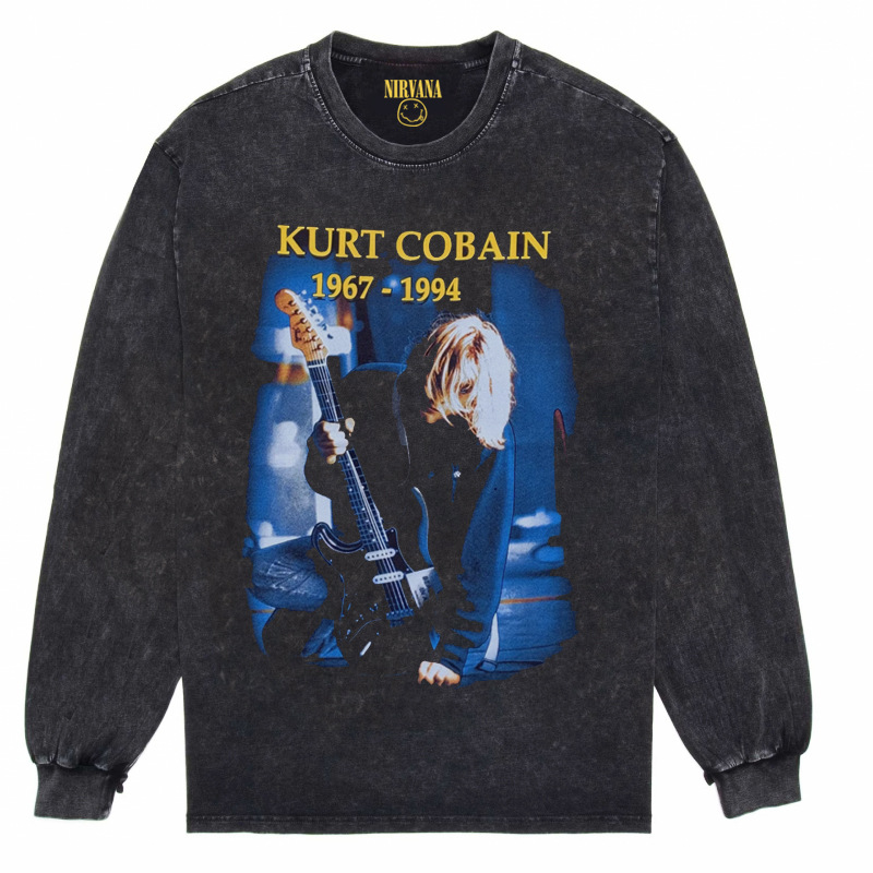 Nirvana Vintage American retro apenado rock punk angustiado lavado batik Camiseta de manga larga