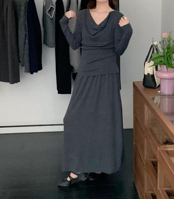 韩系设计感荡领腰带针织衫裙套装女秋新款收腰褶皱绑带上衣潮长裙|undefined
