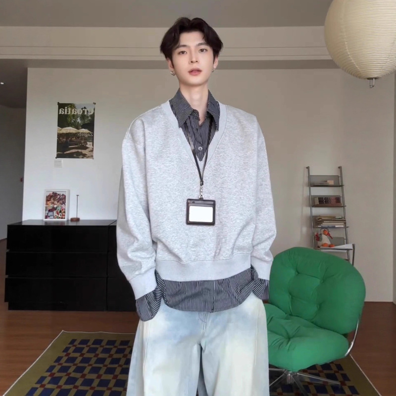 Gray Stripesd Splicing Fake Two-Piece Sweatshirt Men's Autum Long-Sleeved American Polo Shirt High-Bottom Inner Layering Shirt