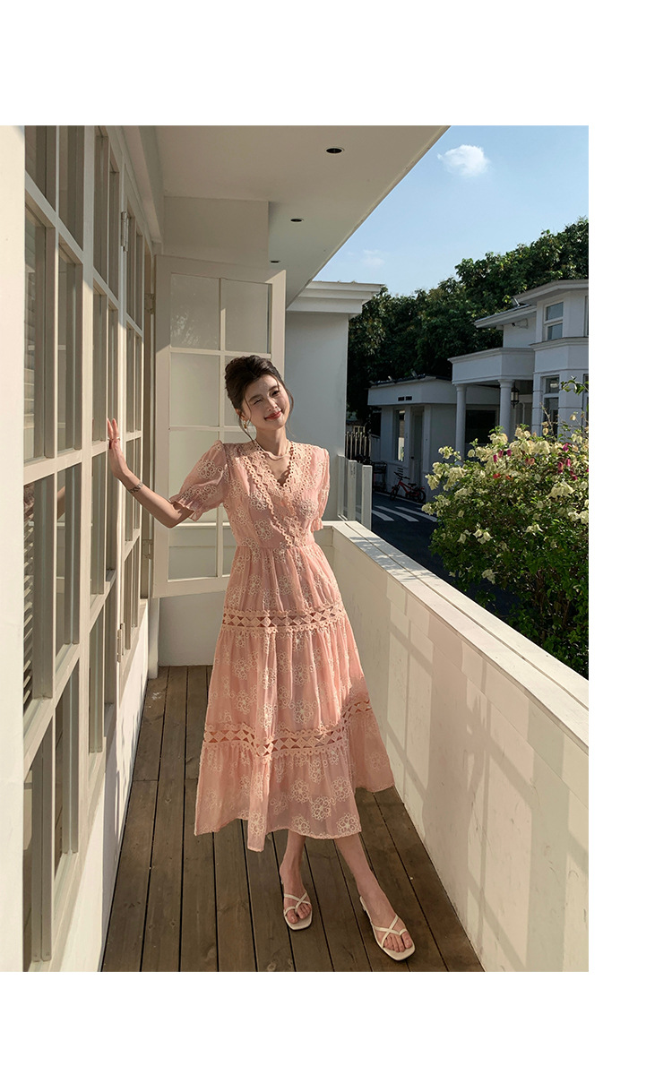 Đầm maxi nữ tay bồng ren hoa V cut-out phong cách Pháp cung đình — xanh lam, màu hồng, màu mơ chi tiết 43