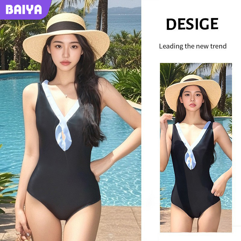 2025 traje de baño de estilo europeo y americano nuevo estilo simple negro de una pieza ajustado que cubre el vientre, delgado y hermoso traje de baño de espalda femenino verano al por mayor