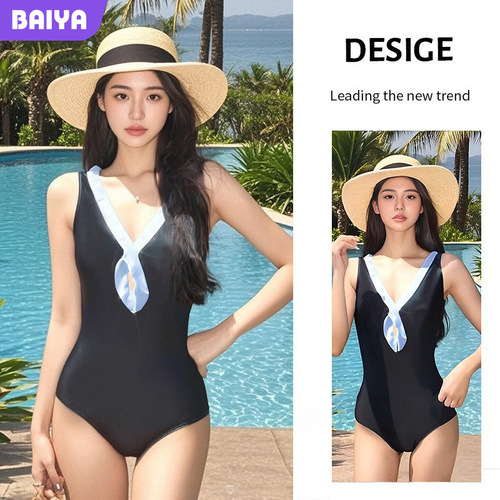 2025 European and American-style Swimwear: Simple Black One-Piece Body-Slimming, Tummy-Hiding, and Back-Supporting Swimsuit for Women—Perfect for Summer