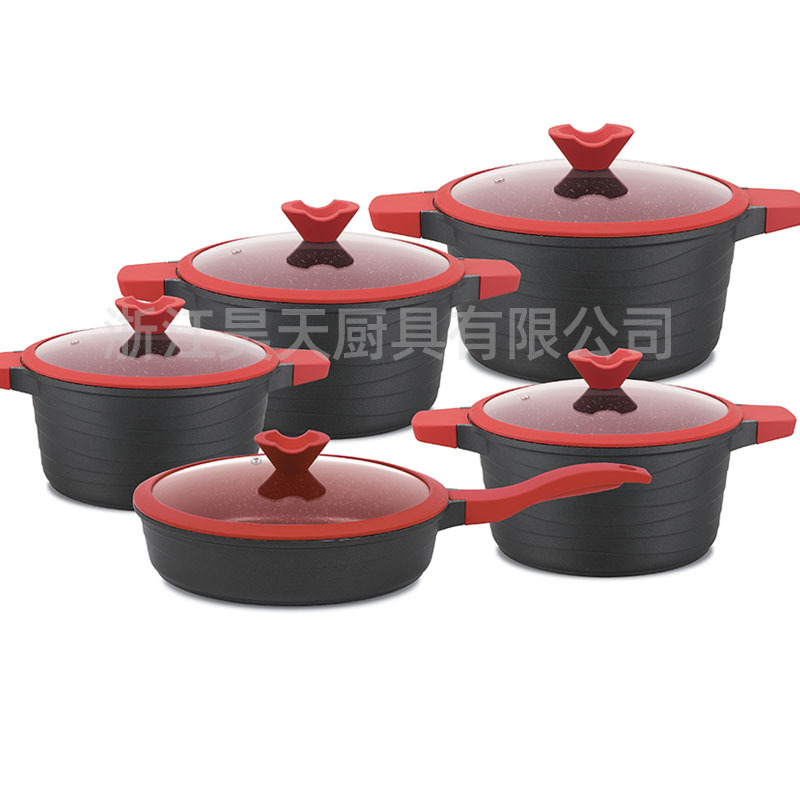 Juego de ollas de comercio exterior de 10 piezas, juego de ollas antiadherentes de piedra médica, juego de aluminio, juego de ollas de sopa combinado, exclusivo transfronterizo