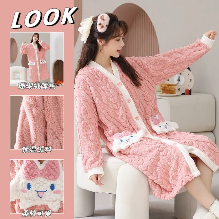 Franela otoño y invierno nueva linda niña caliente y gruesa dulce kitty gato suelto conjunto de pijamas se puede usar fuera