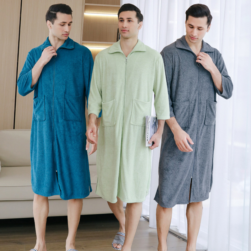 Cross-border Towel Pajamas Men's Loose Plus Size Soft Nightgown Zipper Bathrobe One-piece Nightgown Absorbent Bathrobe Cross-border Towel Pajamas Men's Loose Plus Size Soft Nightgown Zipper Bathrobe One-piece Nightgown Absorbent Bathrobe