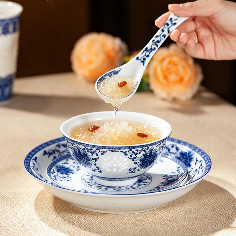 Personal Tableware Set for Chinese-Style Hotels and Restaurants, Featuring Blue and White Porcelain with Exquisite Lotus and Fish Motifs, Including Bowls, Plates, Spoons, and Saucers Personal Tableware Set for Chinese-Style Hotels and Restaurants, Featuring Blue and White Porcelain with Exquisite Lotus and Fish Motifs, Including Bowls, Plates, Spoons, and Saucers