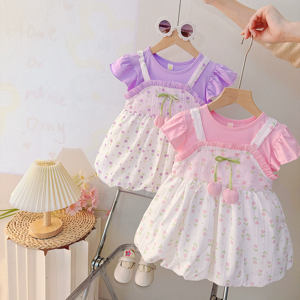 Летний комплект с рисунком из мультфильма, платье с коротким рукавом, детская одежда, цветочный принт, с коротким рукавом
