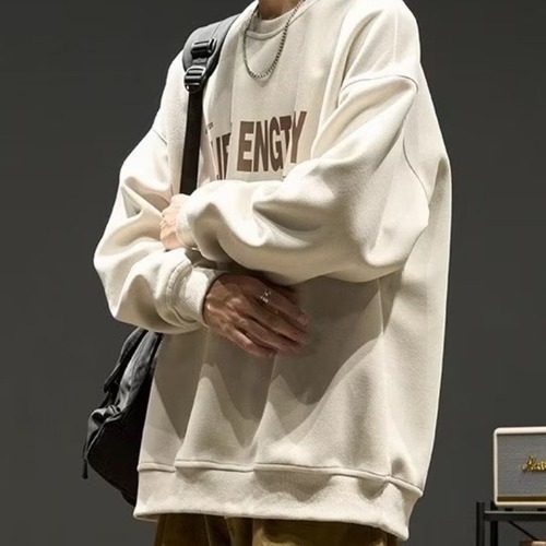Men's Fall/Winter Loose Ins Trendy Letter Print Casual Japanese Style Long-Sleeve T-Shirt Trendy Round Neck Top