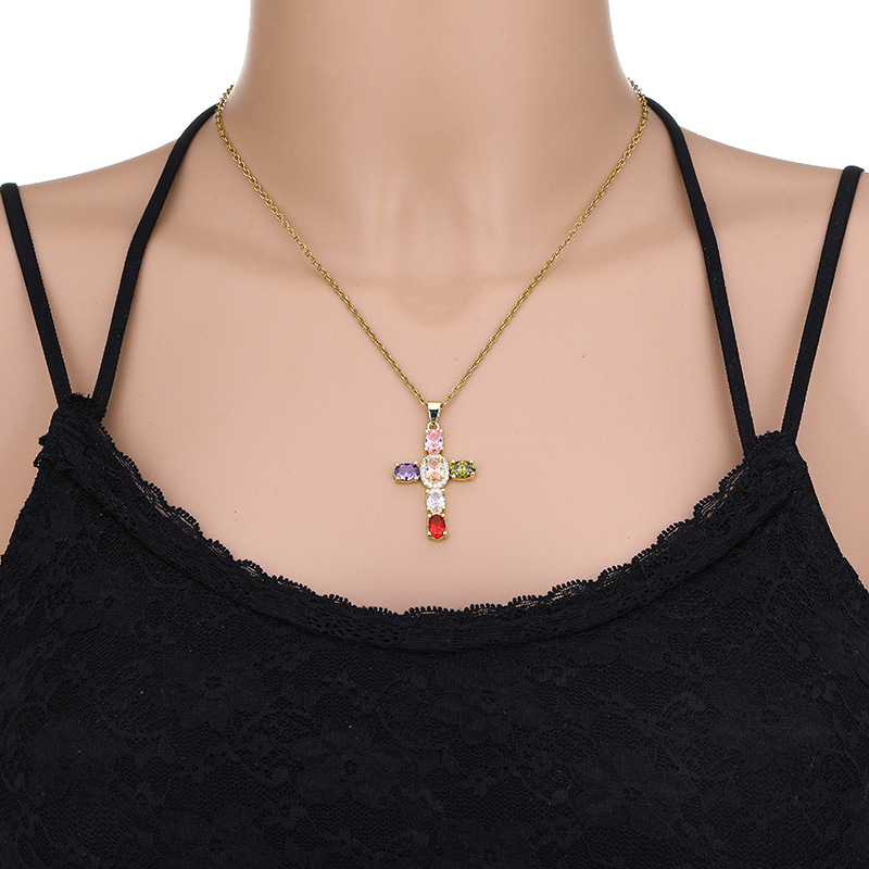 Daily Occasion Fashion Cross Copper 18k Gold Plated Zircon Pendant Necklace In Bulk