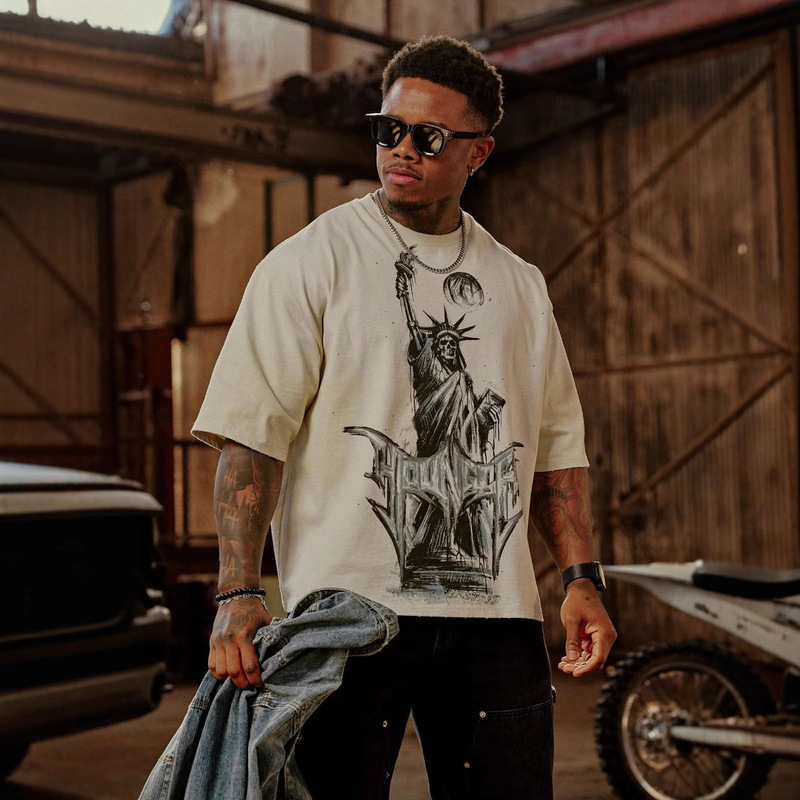 Youngla American Retro Men's Oversized T-Shirt Street Hip-Hop Loose Short-Sleeved Jogger Sports Fitness Short-Sleeved