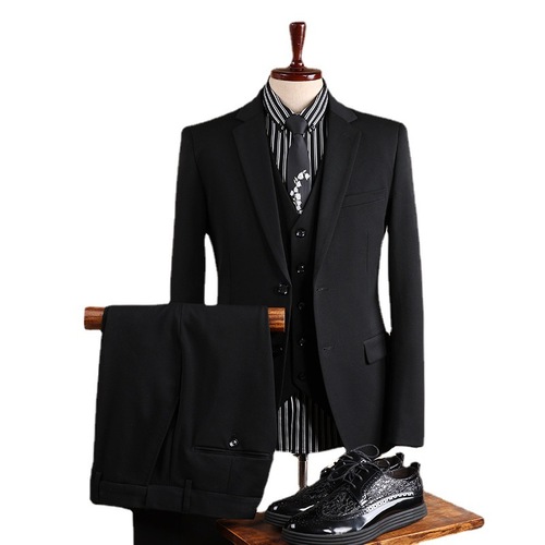商务西装套装男式休闲修身黑色西服三件套伴郎服银行面试职业正装