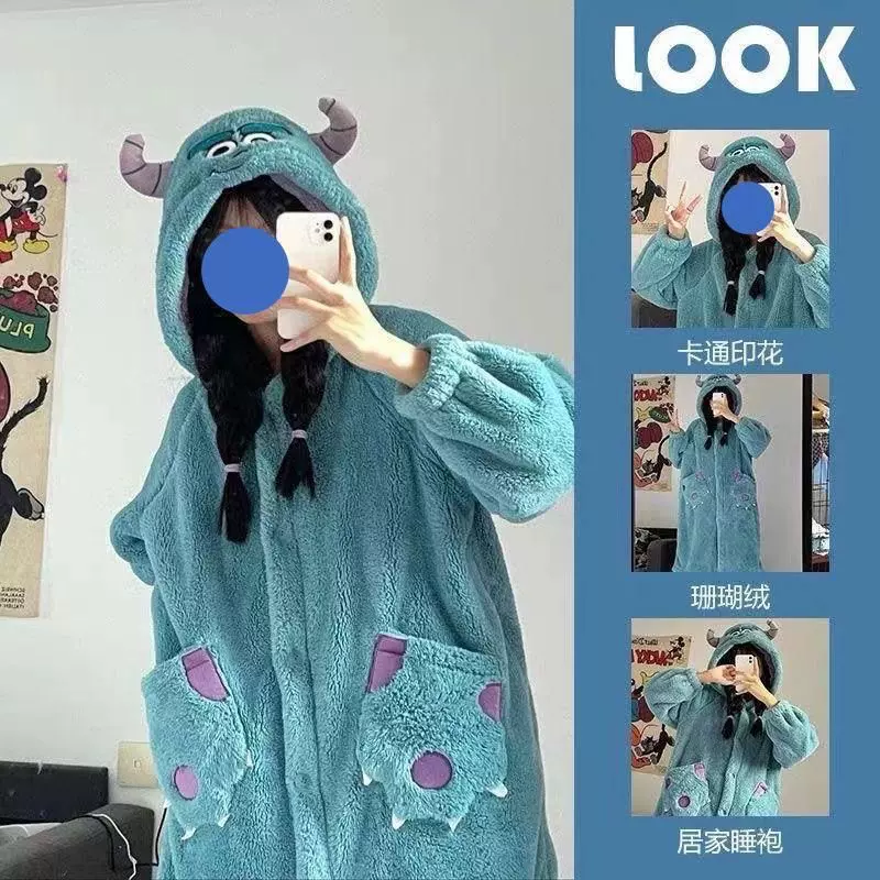 韩版秋季冬睡衣女学生宽松可爱鲨鱼珊瑚绒加绒加厚ins睡袍家居服