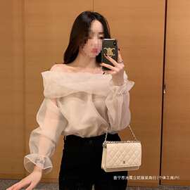实价设计感小众一字肩衬衫女春夏2025法式气质欧根纱雪纺别致上衣