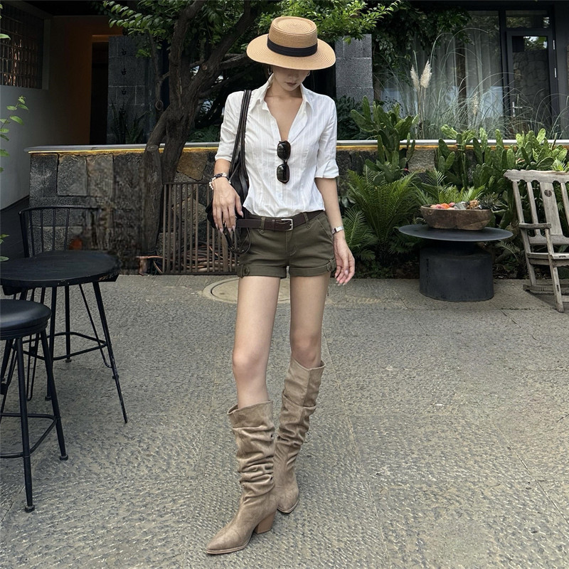American street style army green low-waist cargo shorts for women, summer slim-fit design, casual denim Y2K American street style army green low-waist cargo shorts for women, summer slim-fit design, casual denim Y2K