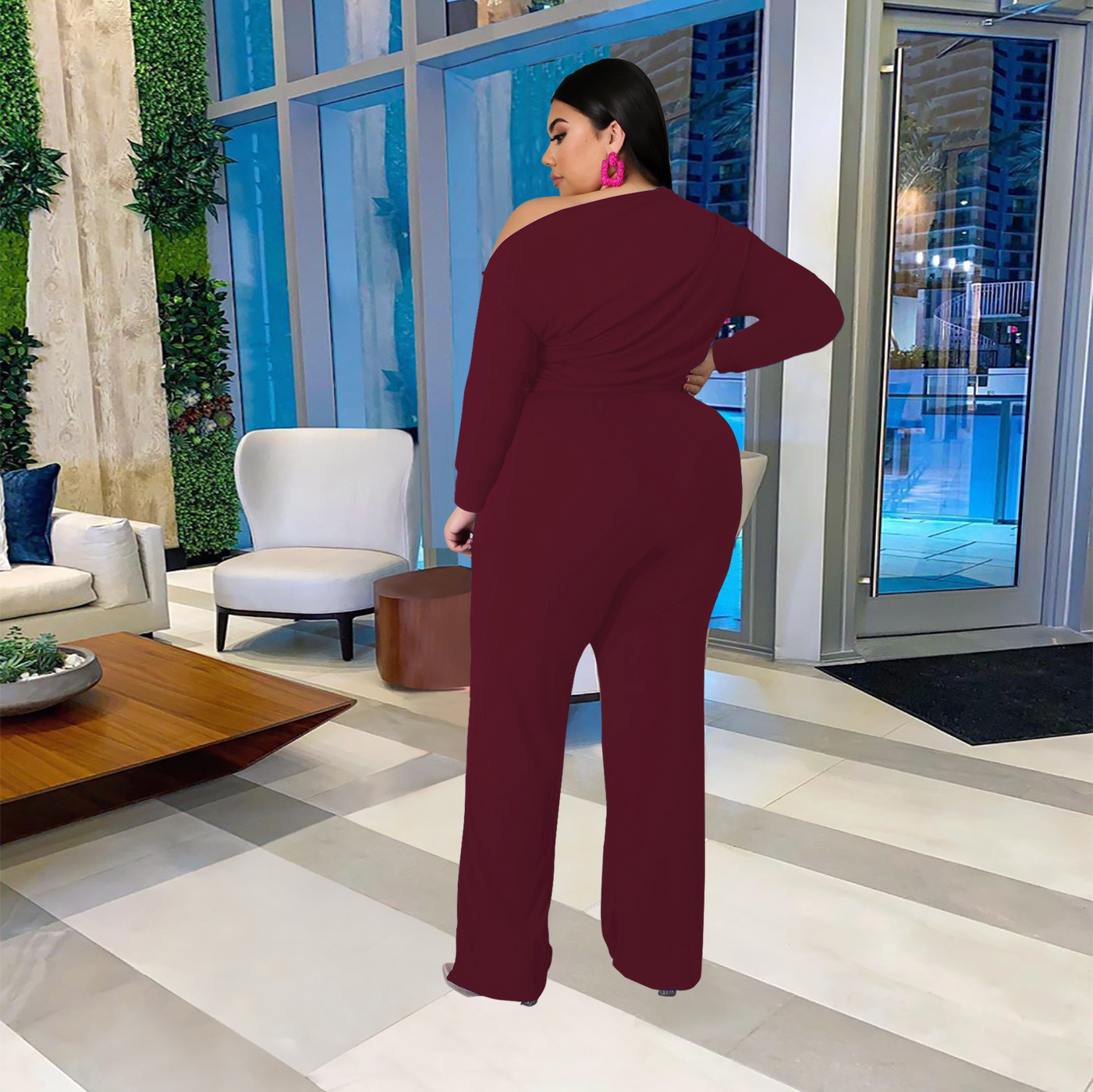 women s plus size solid color strappy shoulder T-shirt flared pants suit nihaostyles clothing wholesale NSBMF80099