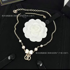 香奶奶滴胶珐琅蝴蝶结珍珠项链百搭双C镶钻女清新甜美锁骨链吊坠