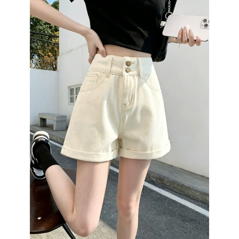 American-style women's denim shorts, 2026 summer thin style, A-line waist, slimming for pear-shaped body, 3/4 length wide-leg hot pants American-style women's denim shorts, 2026 summer thin style, A-line waist, slimming for pear-shaped body, 3/4 length wide-leg hot pants