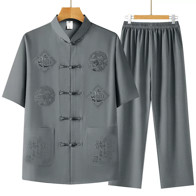 Мужские рубашки для пожилых людей, мужские костюмы для папы, костюмы дедушки Тан, одежда для среднего и пожилого возраста, летние рубашки из ледяного шелка с короткими рукавами.