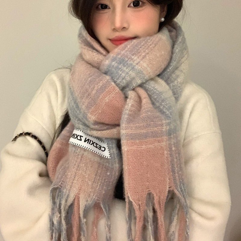 Korean Style Plaid Scarf for Women 2025 Winter Pink Long Tassel Neck Warmer Student Shawl Fashionable Versatile