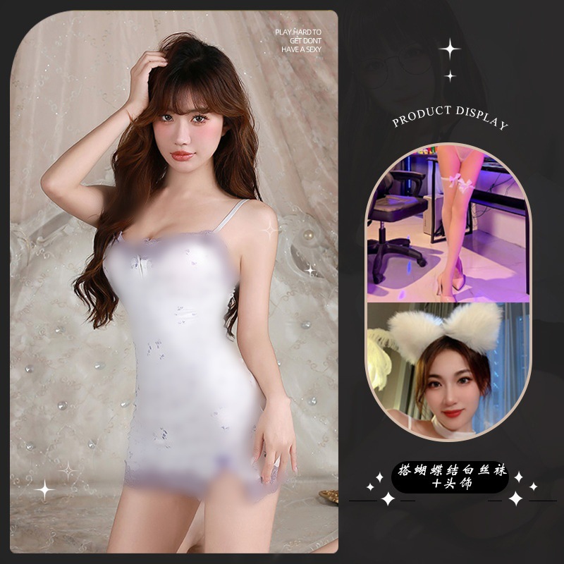보라색 꽃 치마 (잠옷 T 바지 패드) 활 흰색 실크 스타킹 헤드웨어