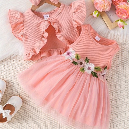 Summer foreign trade girls' set 0-3 years old girl baby candy color cardigan short jacket + sleeveless princess dress three-piece set