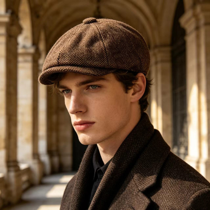 Men's wool herringbone newsboy cap for spring, autumn, and winter, British retro style, women's casual beret Men's wool herringbone newsboy cap for spring, autumn, and winter, British retro style, women's casual beret