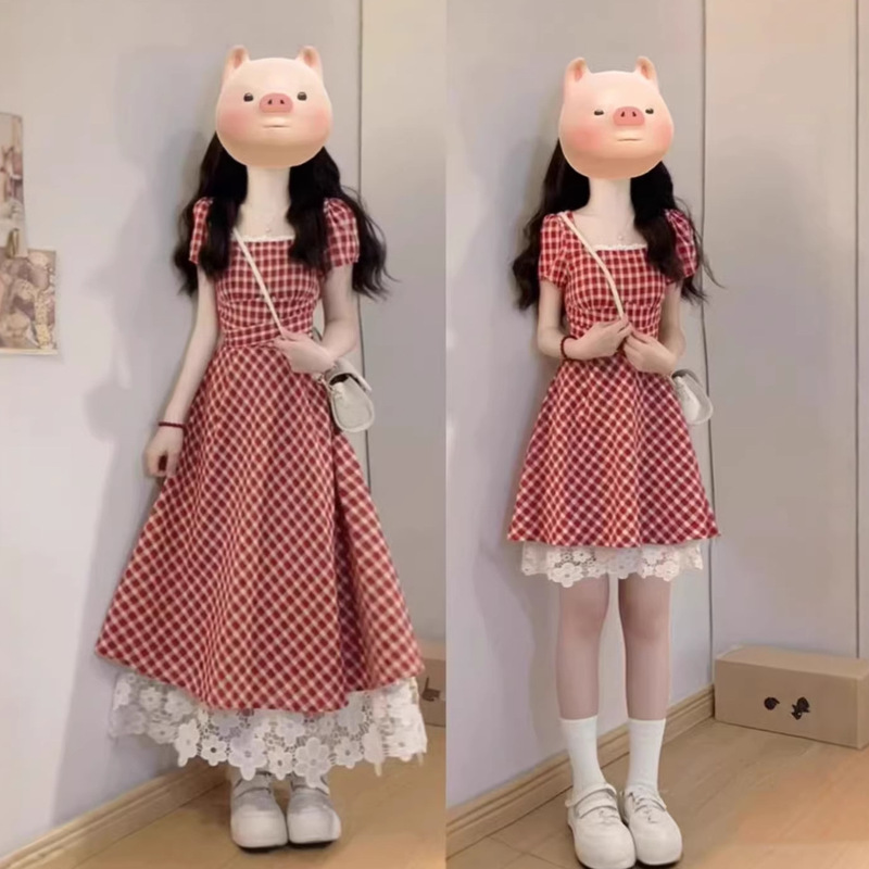 French Retro Red Plaid Dress for Women, New Summer Style, Slimming and Flattering, Lace Splicing, Square Neck, Mid-Length Dress French Retro Red Plaid Dress for Women, New Summer Style, Slimming and Flattering, Lace Splicing, Square Neck, Mid-Length Dress