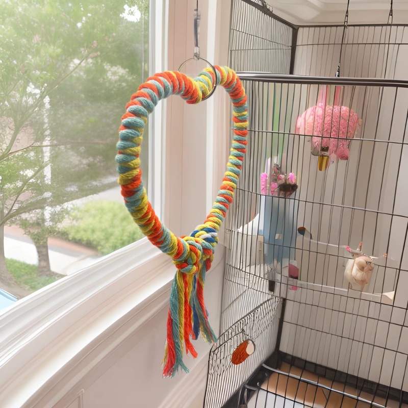 Amor cuerda de algodón en forma de corazón columpio colorido juguete para pájaros loro percha escalada boca de la estación marco de la jaula de pájaros accesorios de decoración al por mayor