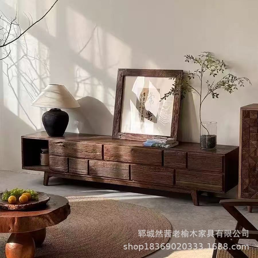 Wabi-Sabi Style Old Elm Wood Tv Cabinet, Living Room Decorative Media Cabinet, Solid Wood Floor-Standing Storage Cabinet, Old Door Panel Sideboard