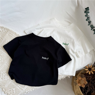 Gl-Kids Korean Style Summer New Kidsren's Patch Printed Short-Sleeved T-Shirts for Boys and Girls Letter Printed Cotton Tops