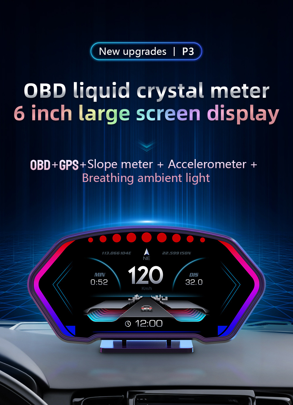 HUD car head-up display multi-functional vehicle-mounted LCD inclinometer high-definition speed fuel consumption OBD+GPS instrument