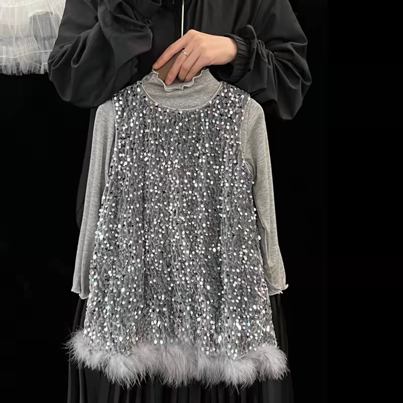 Ropa de marca infantil 2025 primavera nuevo vestido de niña niño de alta sensibilidad chaleco de plumas vestido vestido princesa